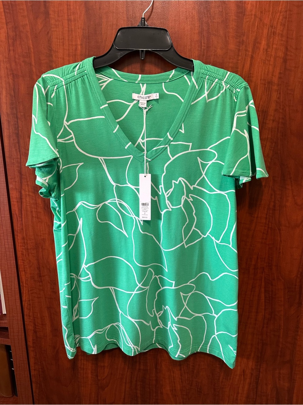 Chico's Green V-Neck Floral Flutter Sleeve Blouse NWT Size 2 Pima Cotton Blend